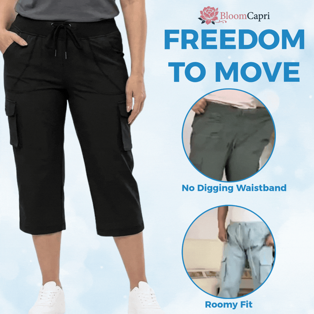 BloomCapri - Women's Capri Cargo Pants for Women 45+, Lightweight Stretch Cropped Pants with Pockets