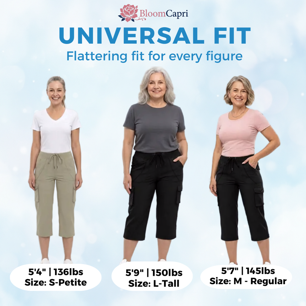 BloomCapri - Women's Capri Cargo Pants for Women 45+, Lightweight Stretch Cropped Pants with Pockets