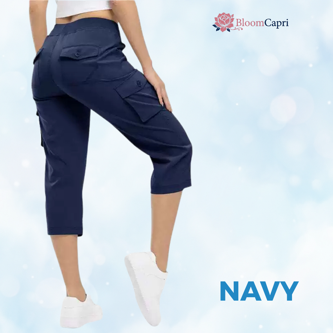 BloomCapri - Women's Capri Cargo Pants for Women 45+, Lightweight Stretch Cropped Pants with Pockets